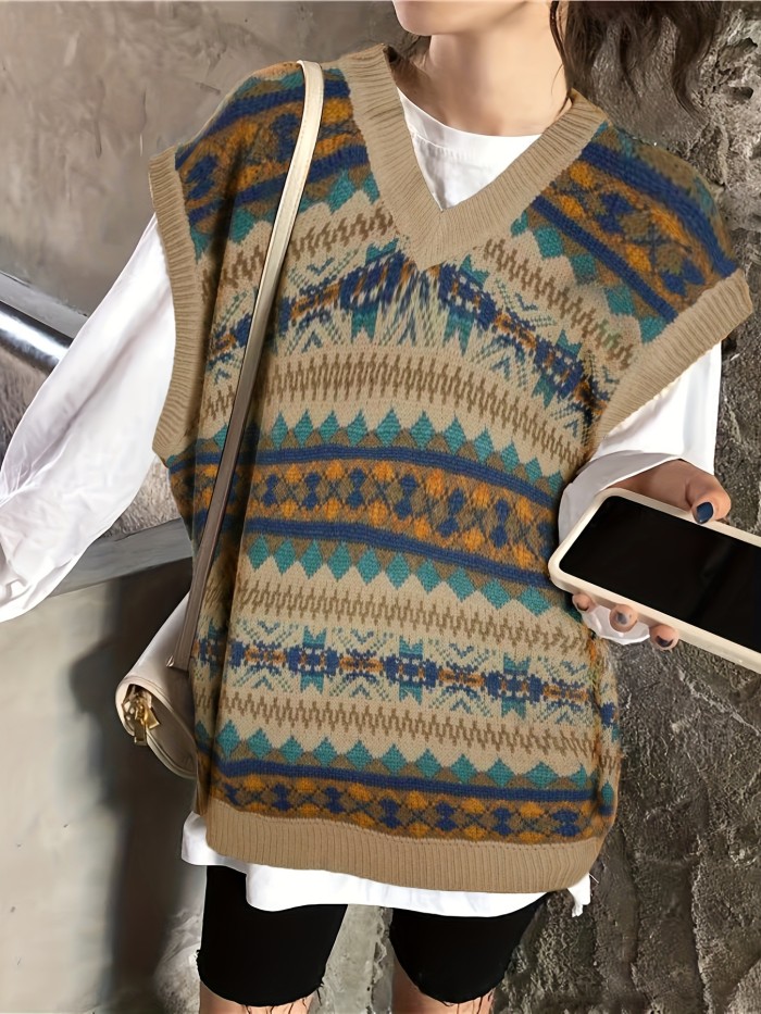 Allover Pattern V Neck Sweater Vest, Preppy Sleeveless Loose Sweater, Women's Clothing