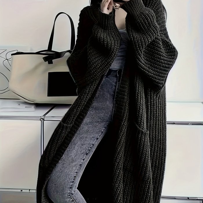 Solid Open Front Cardigan, Casual Long Sleeve Drop Shoulder Long Length Outwear, Women's Clothing