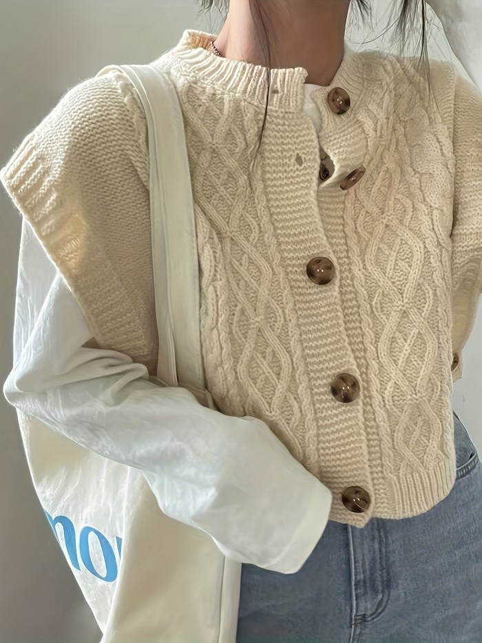 Twist Button Front Knitted Vest Sweater, Casual Crew Neck Sleeveless Sweater For Fall & Winter, Women's Clothing