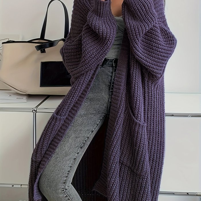 Solid Open Front Cardigan, Casual Long Sleeve Drop Shoulder Long Length Outwear, Women's Clothing