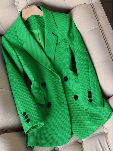 Long Sleeve Double Breasted Pea Coat Blazer - Elegant Solid Color Polyester Knit Fabric with Micro Elasticity and Button Details - Perfect for Spring and Fall Seasons