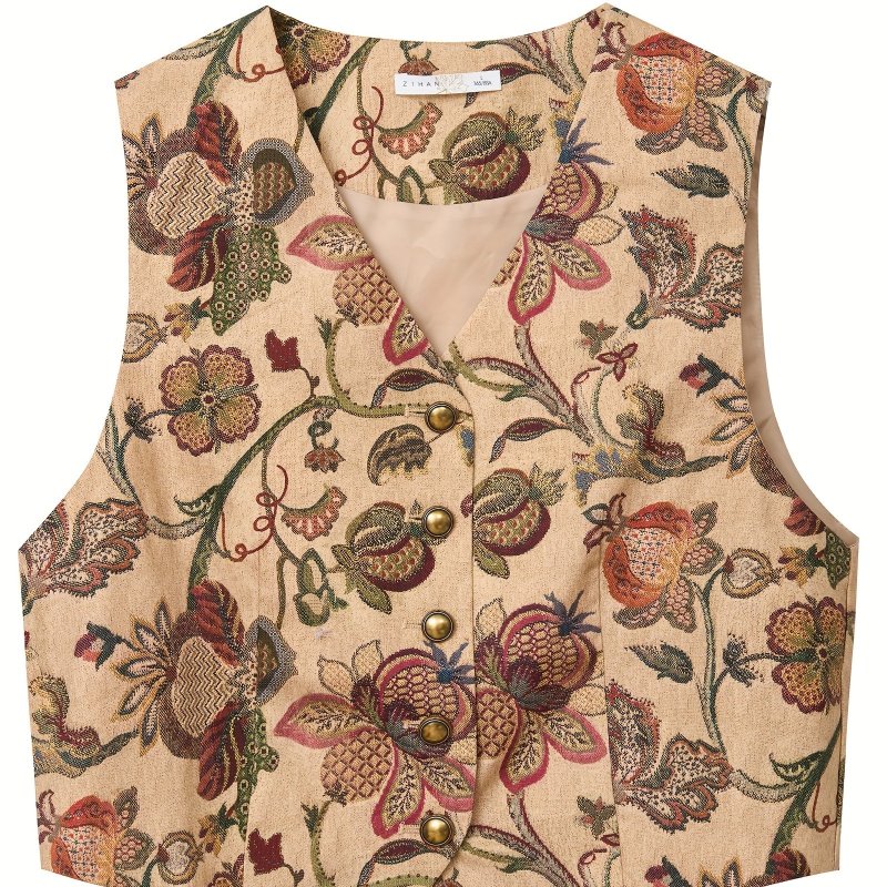 Stylish Floral Print Vest - Women's Sleeveless V Neck Clothing - Vintage Button Front Design for Summer Outings and Casual Wear