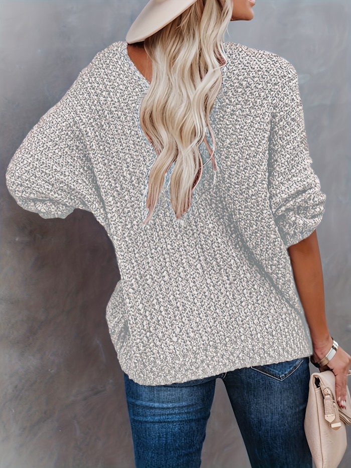 Vibrant Solid V Neck Knitted Pullover Top - Soft Mid-Elastic Acrylic Fabric, Semi-Sheer Casual Long Sleeve Sweater for Fall & Winter - Hand Washable, No Printing, Knit Fabric Construction