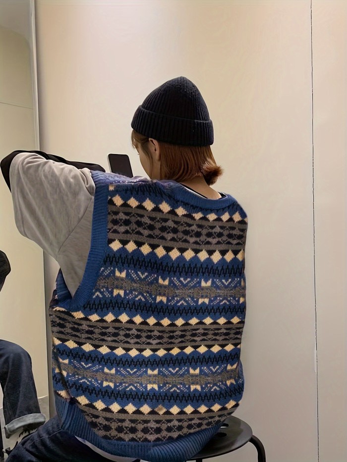 Allover Pattern V Neck Sweater Vest, Preppy Sleeveless Loose Sweater, Women's Clothing