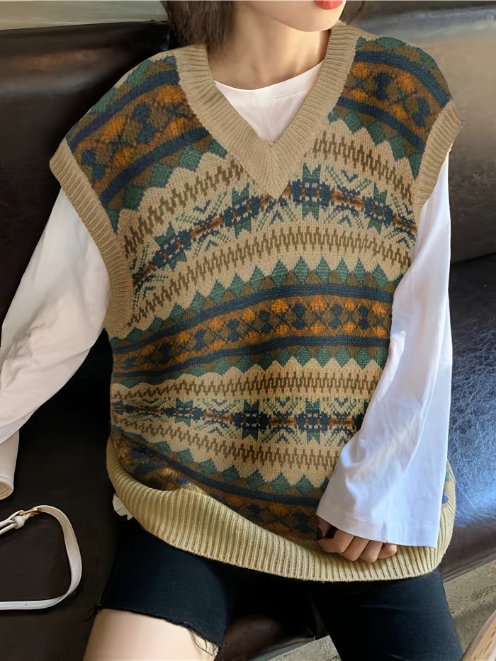 Allover Pattern V Neck Sweater Vest, Preppy Sleeveless Loose Sweater, Women's Clothing