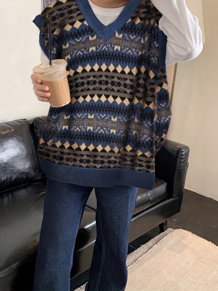Allover Pattern V Neck Sweater Vest, Preppy Sleeveless Loose Sweater, Women's Clothing