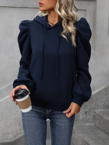 Cozy Long Sleeve Solid Drawstring Hoodie - Soft Micro Elastic Polyester Fabric, Machine Washable, Casual Chic Knit Hooded Top for Women - Perfect for All Seasons