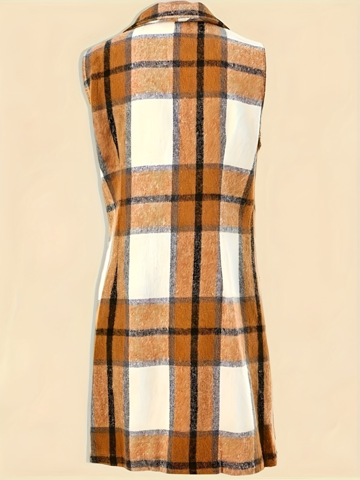 Lapel Sleeveless Plaid Cardigan, Mature Double Breasted Button Pockets Mid Length Sweater, Women's Clothing