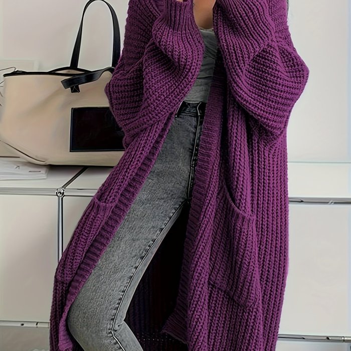 Solid Open Front Cardigan, Casual Long Sleeve Drop Shoulder Long Length Outwear, Women's Clothing