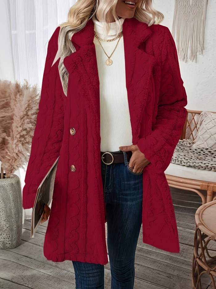 Double Breasted Lapel Teddy Coat, Versatile Long Sleeve Textured Thermal Winter Outwear, Women's Clothing