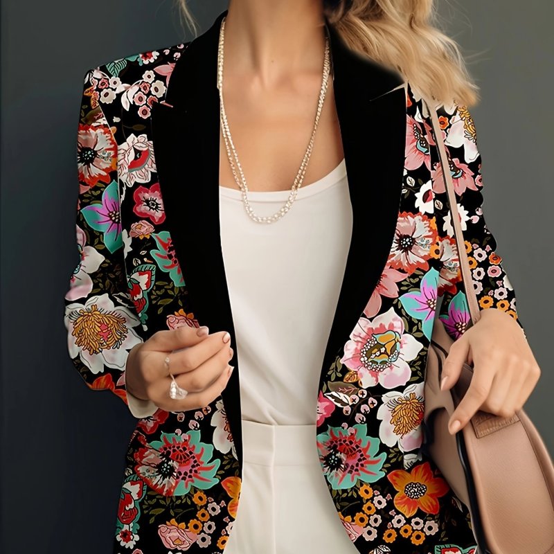 Floral Print Open Front Blazer, Elegant Long Sleeve Notched Lapel Blazer For Spring & Fall, Women's Clothing