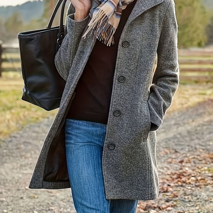 Solid Color Single Breasted Overcoat, Casual Long Sleeve Outerwear For Fall & Winter, Women's Clothing