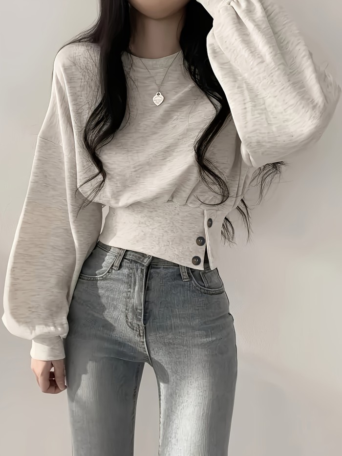 Solid Color Crew Neck Pullover Sweater, Y2K Long Sleeve Button Decor Knitted Sweater For Fall & Winter, Women's Clothing