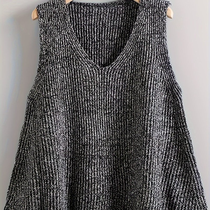 Plus Size Casual Sweater Vest, Women's Plus Solid V Neck Slight Stretch Sweater Vest