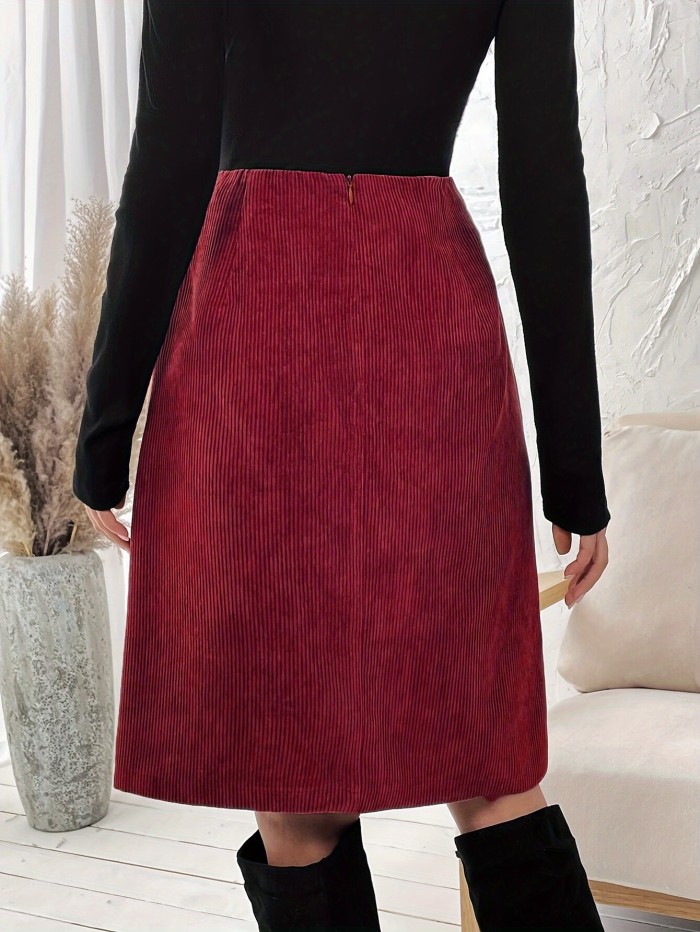 Button Decor Split Skirt, Elegant High Waist Solid Color Knee Length Zipper Skirt For Spring & Fall, Women's Clothing