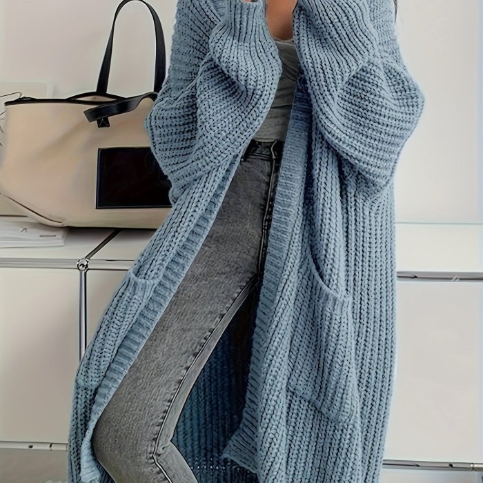 Solid Open Front Cardigan, Casual Long Sleeve Drop Shoulder Long Length Outwear, Women's Clothing