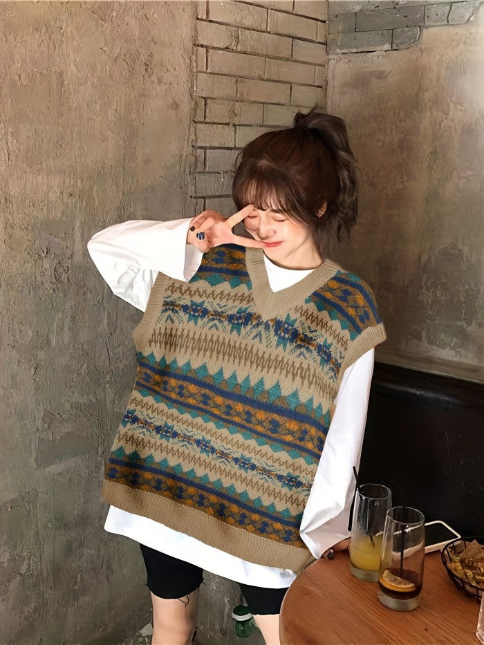 Allover Pattern V Neck Sweater Vest, Preppy Sleeveless Loose Sweater, Women's Clothing