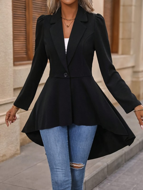 Notched Collar Button Front Blazer, Elegant Long Sleeve High-low Flare Blazer For Office & Work, Women's Clothing