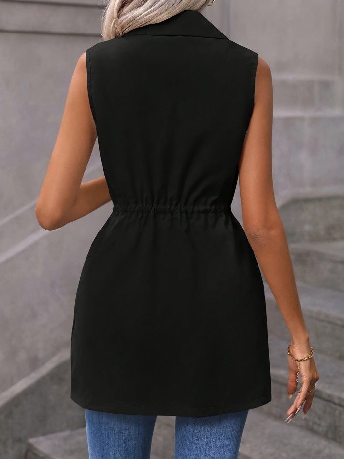 Solid Color Drawstring Vest, Elegant Sleeveless Open Front Vest For Spring & Summer, Women's Clothing