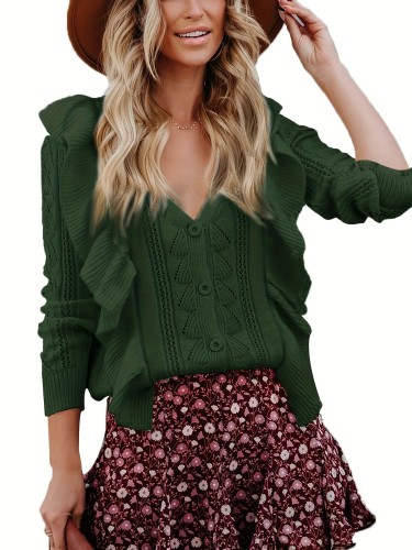 Ruffle Trim Button Front Cardigan, Casual Long Sleeve V Neck Pointelle Knit Cardigan For Spring & Fall, Women's Clothing