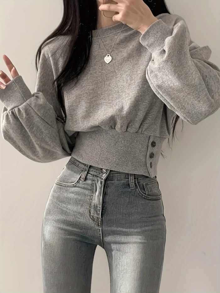 Solid Color Crew Neck Pullover Sweater, Y2K Long Sleeve Button Decor Knitted Sweater For Fall & Winter, Women's Clothing