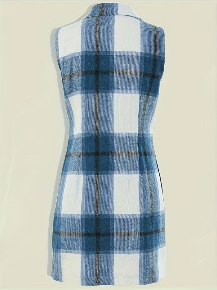 Lapel Sleeveless Plaid Cardigan, Mature Double Breasted Button Pockets Mid Length Sweater, Women's Clothing