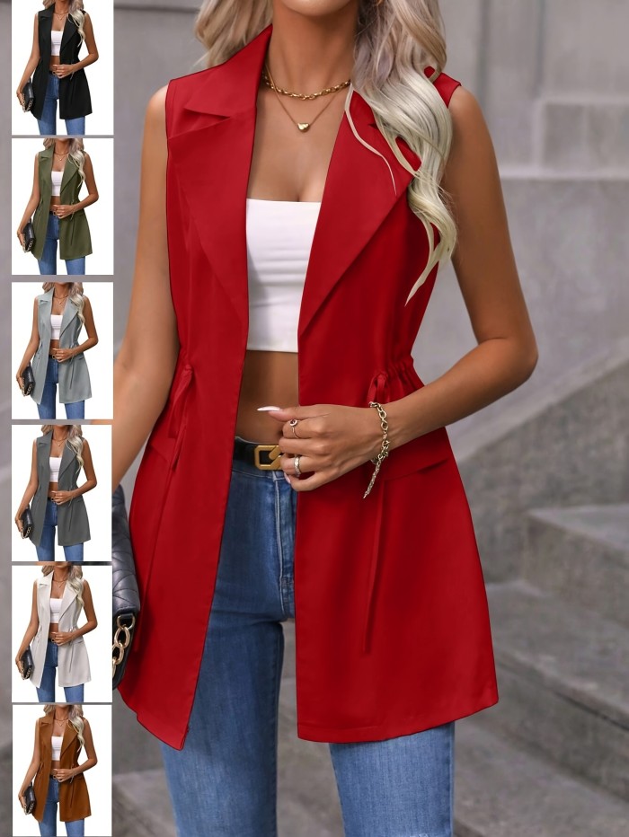 Solid Color Drawstring Vest, Elegant Sleeveless Open Front Vest For Spring & Summer, Women's Clothing