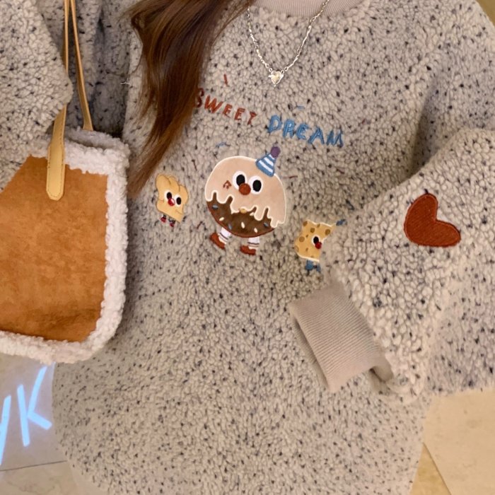 Graphic Print Plush Pullover Sweatshirt, Casual Long Sleeve Crew Neck Top For Fall & Winter, Women's Clothing