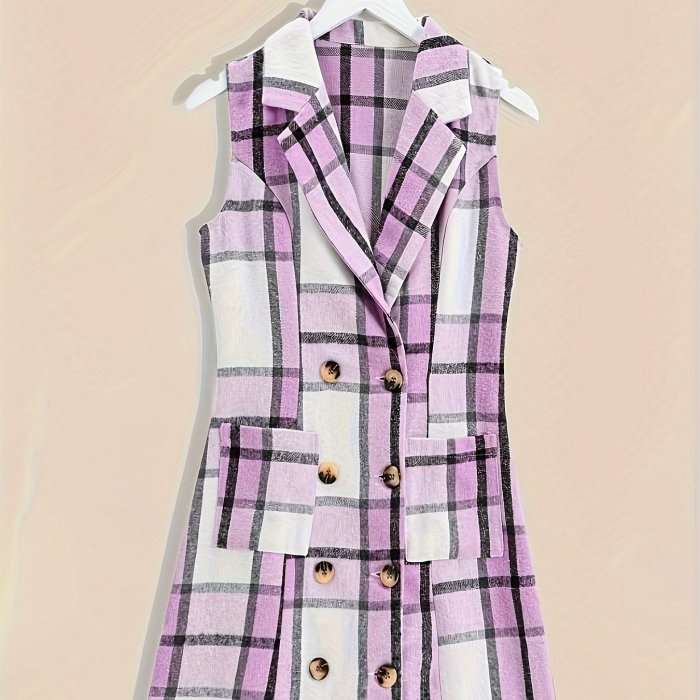 Lapel Sleeveless Plaid Cardigan, Mature Double Breasted Button Pockets Mid Length Sweater, Women's Clothing