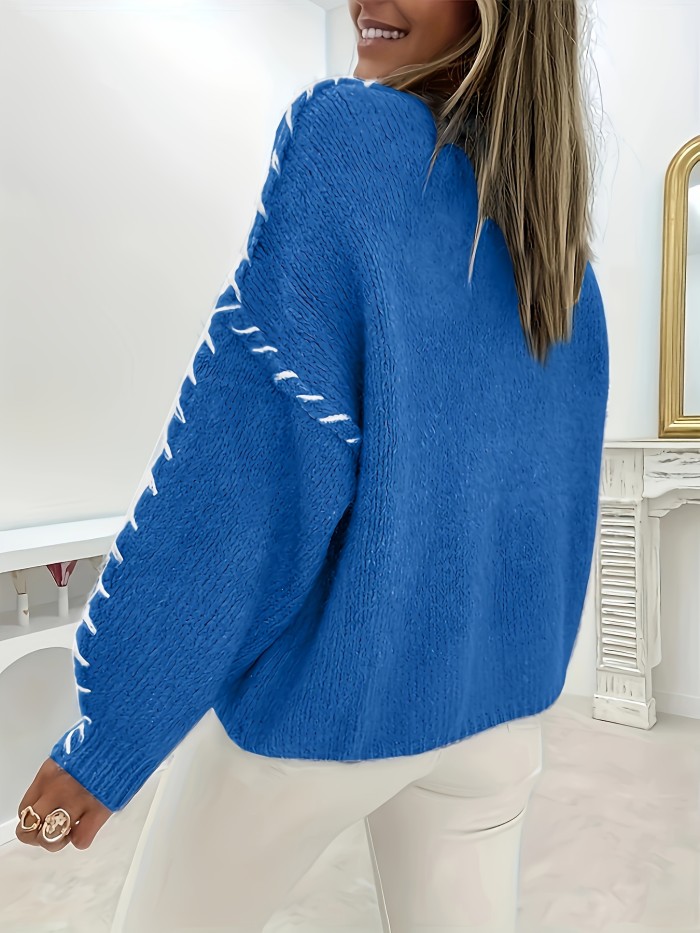 Contrast Trim Crew Neck Sweater, Elegant Drop Shoulder Long Sleeve Sweater For Fall & Winter, Women's Clothing