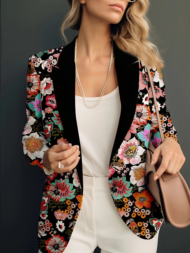 Floral Print Open Front Blazer, Elegant Long Sleeve Notched Lapel Blazer For Spring & Fall, Women's Clothing