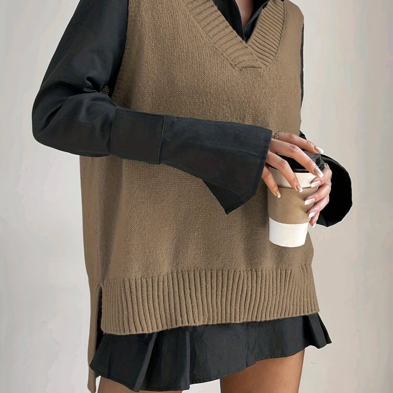 Plus Size Casual Sweater Vest, Women's Plus Solid V Neck High Low Hem Slight Stretch Knit Vest