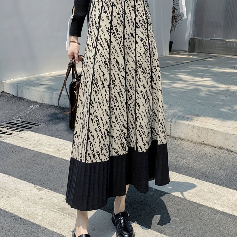 Color Block High-rise Skirt, Stylish A-line Knitted Skirt For Fall, Women's Clothing
