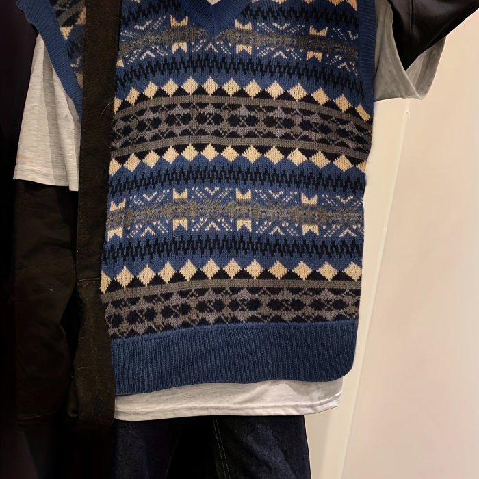 Allover Pattern V Neck Sweater Vest, Preppy Sleeveless Loose Sweater, Women's Clothing