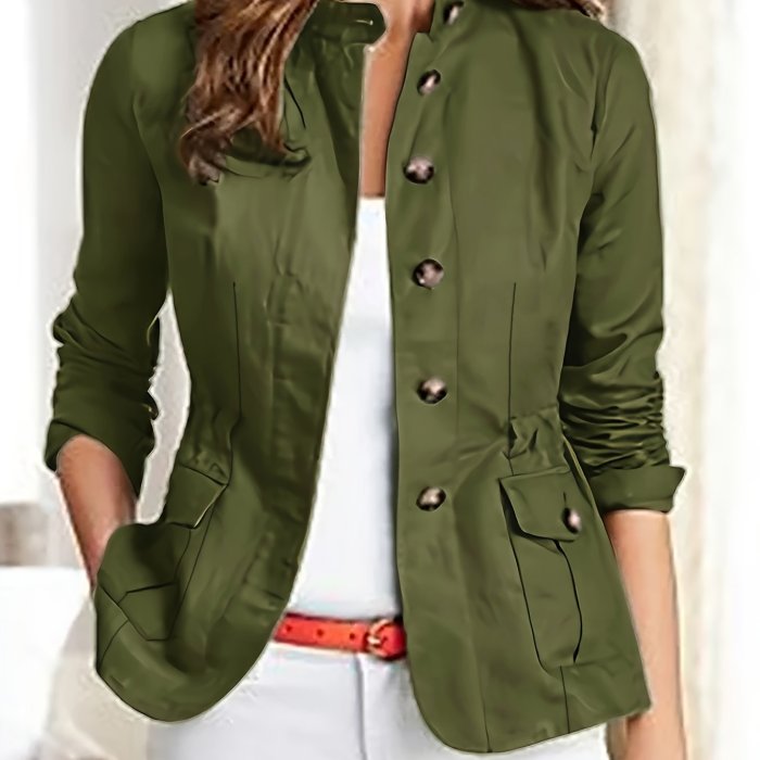 Button Front Plain Color Jacket, Casual Long Sleeve Jacket For Spring & Fall, Women's Clothing