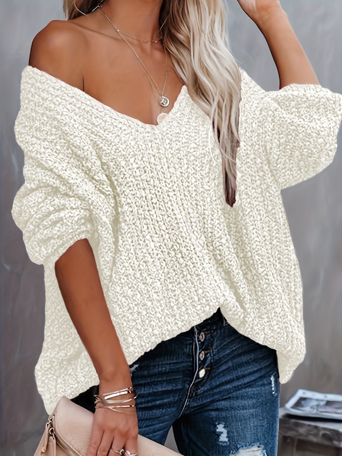 Vibrant Solid V Neck Knitted Pullover Top - Soft Mid-Elastic Acrylic Fabric, Semi-Sheer Casual Long Sleeve Sweater for Fall & Winter - Hand Washable, No Printing, Knit Fabric Construction