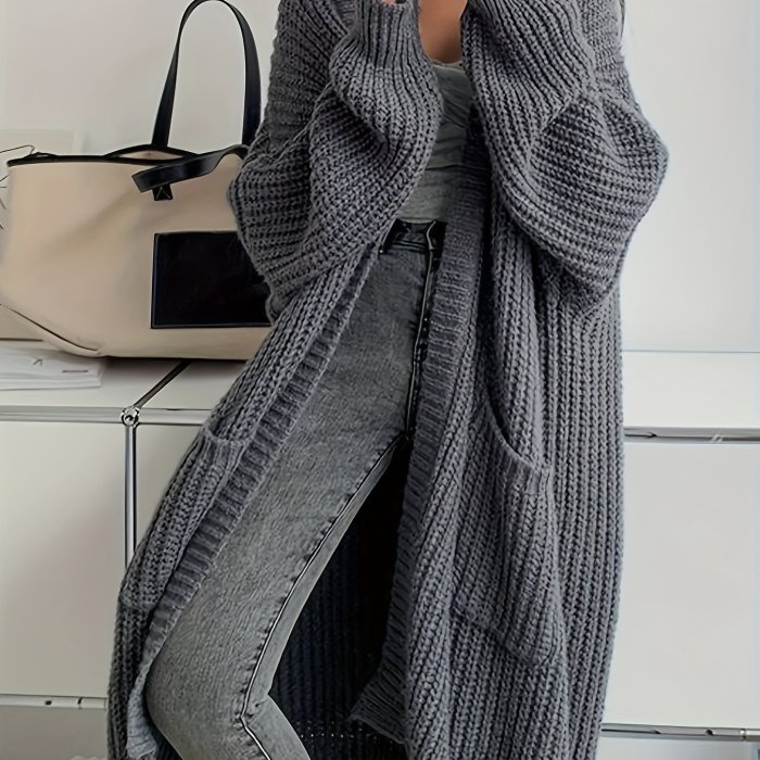 Solid Open Front Cardigan, Casual Long Sleeve Drop Shoulder Long Length Outwear, Women's Clothing