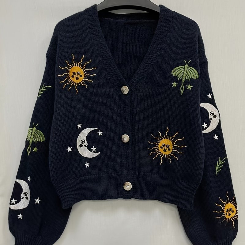 Vibrant Sun & Moon Pattern Crop Knitted Cardigan - Chic Lantern Sleeve, Button Front, Soft & Cozy, Perfect for Spring & Fall, Womens Fashion Clothing for Everyday Wear