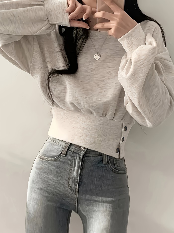 Solid Color Crew Neck Pullover Sweater, Y2K Long Sleeve Button Decor Knitted Sweater For Fall & Winter, Women's Clothing