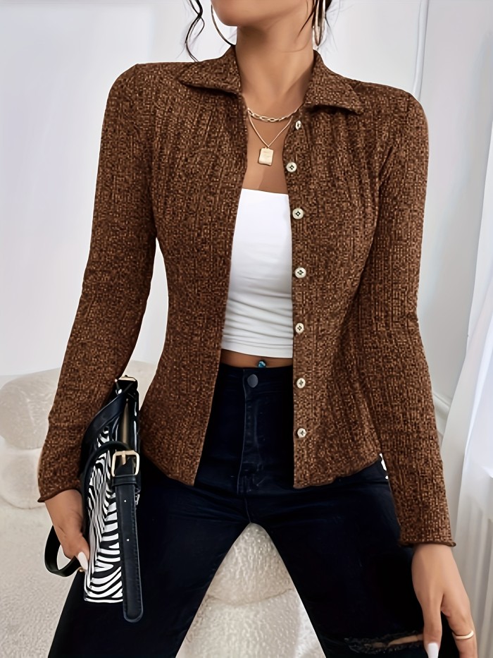 Solid Button Front Cardigan, Elegant Long Sleeve Slim Cardigan For Spring & Fall, Women's Clothing