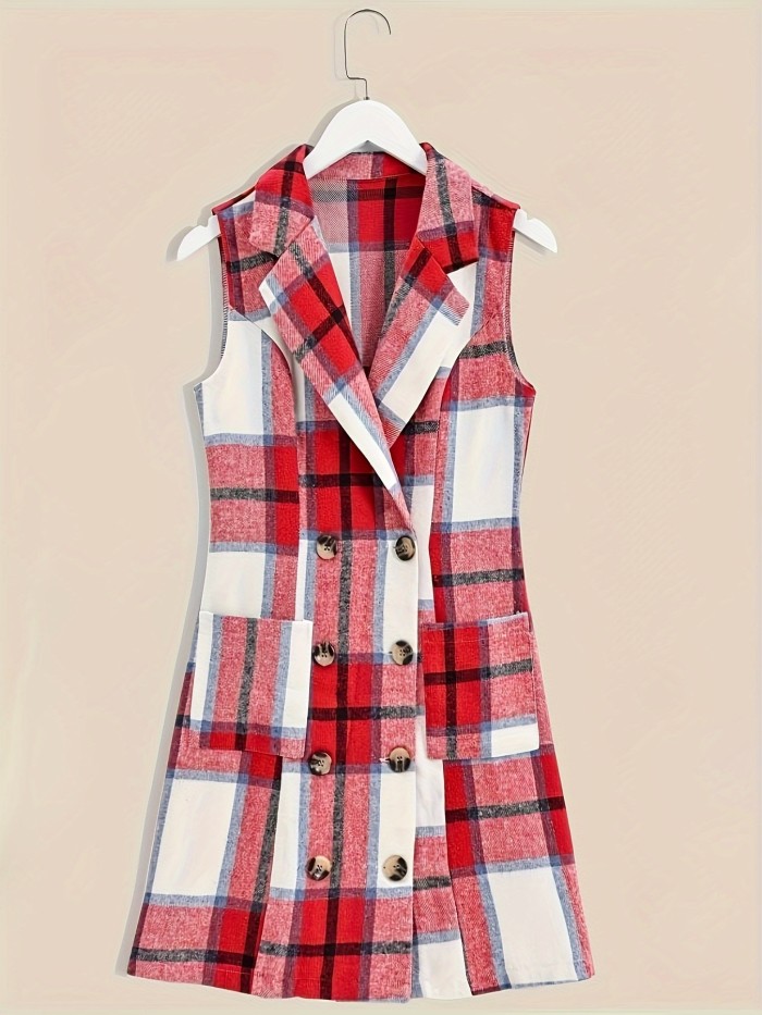 Lapel Sleeveless Plaid Cardigan, Mature Double Breasted Button Pockets Mid Length Sweater, Women's Clothing