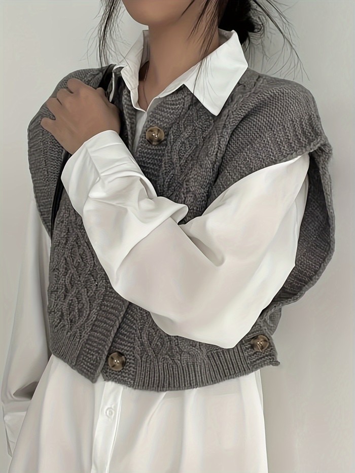 Twist Button Front Knitted Vest Sweater, Casual Crew Neck Sleeveless Sweater For Fall & Winter, Women's Clothing