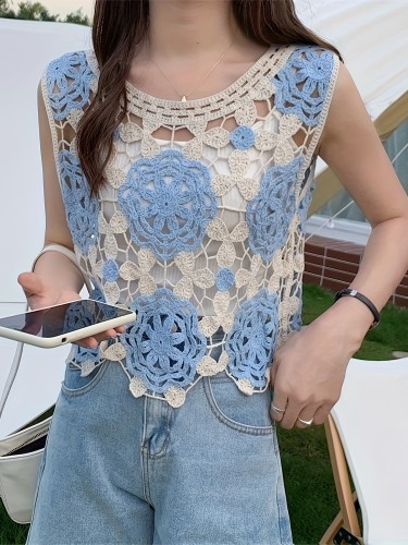 Bohemian Embroidered Knitted Vest, Vintage Hollowed Out Sleeveless Vest For Spring & Summer, Women's Clothing