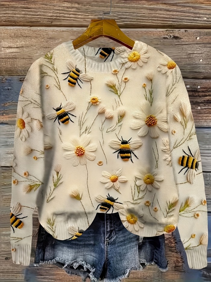 Floral Bee Crew Neck Sweater - Soft Micro Elastic Polyester Long Sleeve Thin Knit Fabric for Spring and Fall - Hand Washable, Young and Casual Style for Women