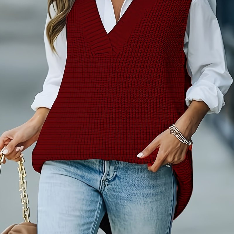 Plus Size Solid Split High Low Hem Sweater Vest, Casual V Neck Sleeveless Vest, Women's Plus Size Clothing