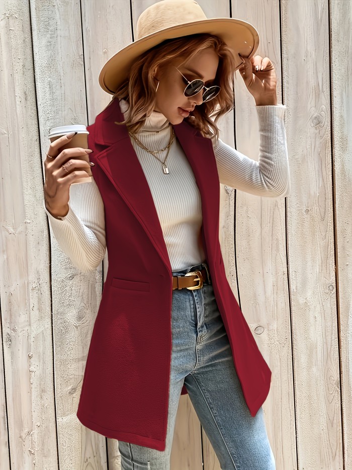 Solid Open Front Vest, Elegant Lapel Sleeveless Mid Length Vest, Women's Clothing