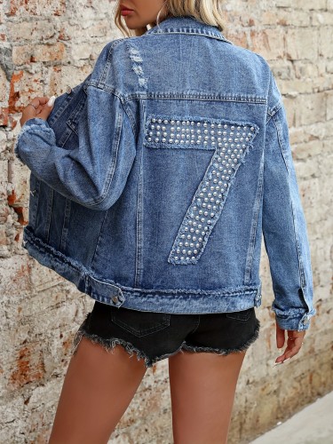 Beaded Number Pattern Long Sleeve Button Up Lapel Denim Coat For Spring & Autumn, Women's Denim Clothing