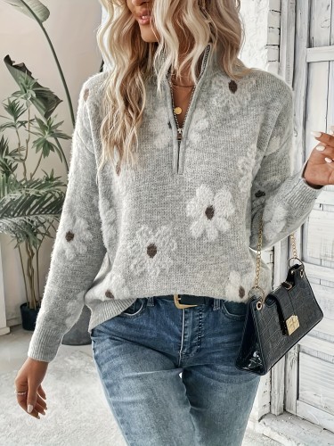 Floral Pattern Mock Zipper Neck Knitted Sweater, Casual Long Sleeve Pullover Sweater For Fall & Winter, Women's Clothing