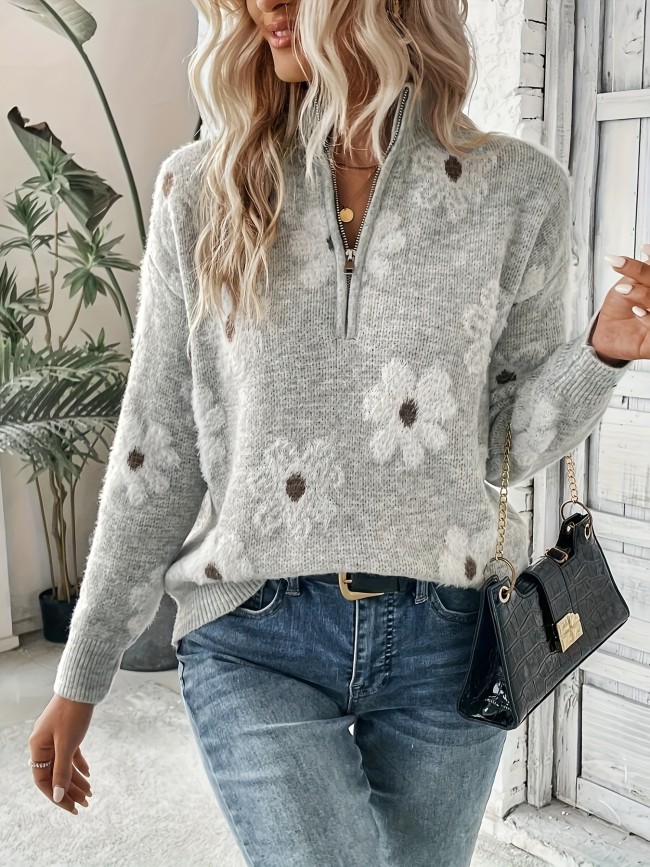 Floral Pattern Mock Zipper Neck Knitted Sweater, Casual Long Sleeve Pullover Sweater For Fall & Winter, Women's Clothing