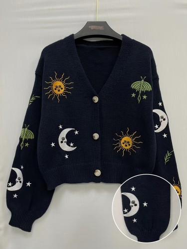 Vibrant Sun & Moon Pattern Crop Knitted Cardigan - Chic Lantern Sleeve, Button Front, Soft & Cozy, Perfect for Spring & Fall, Womens Fashion Clothing for Everyday Wear